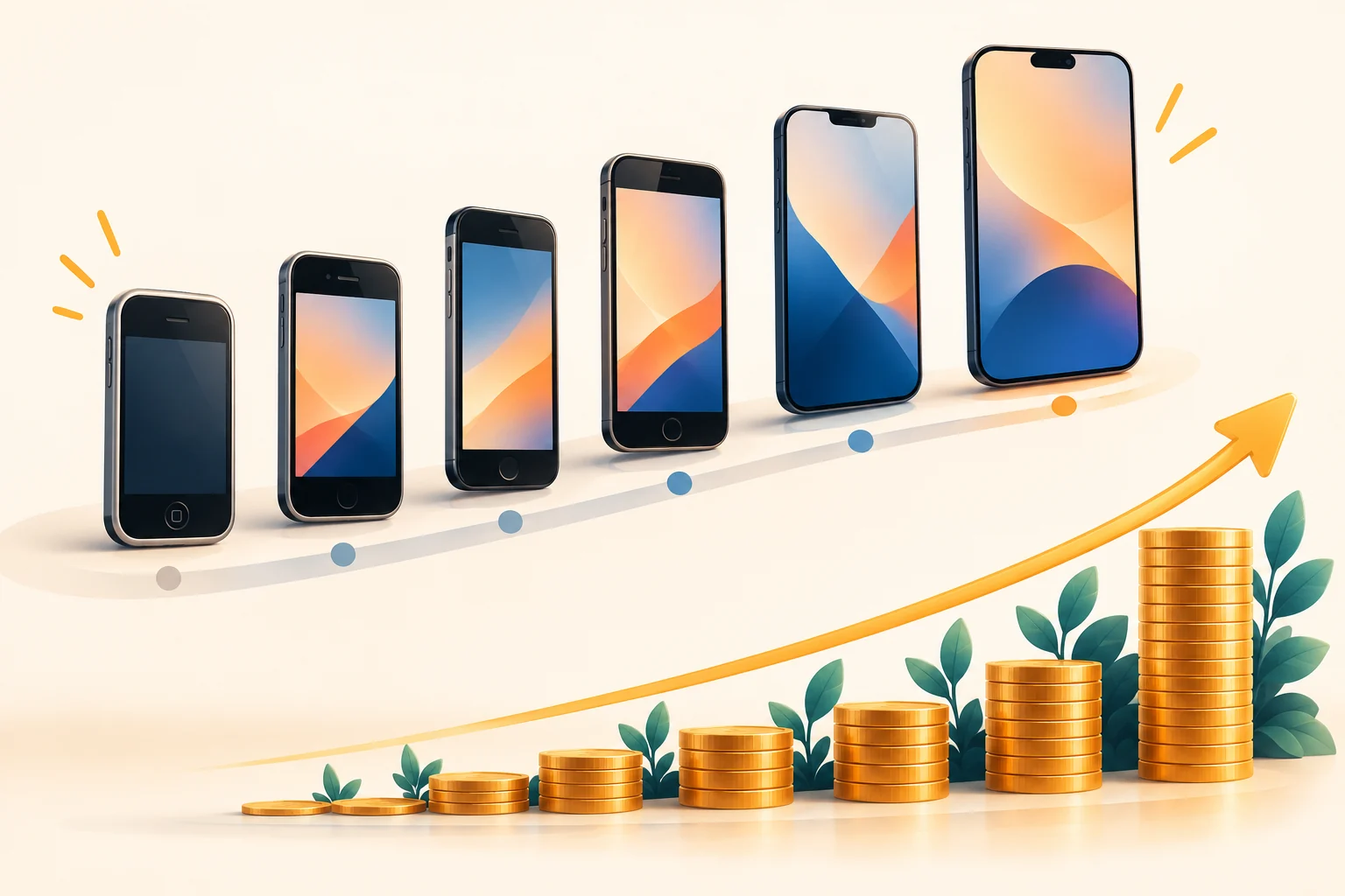 Illustration of smartphones changing over time above rising stacks of investment coins