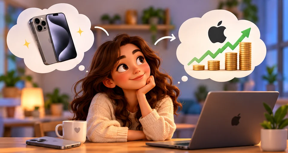 Illustration of a person considering a new phone or investing the money instead