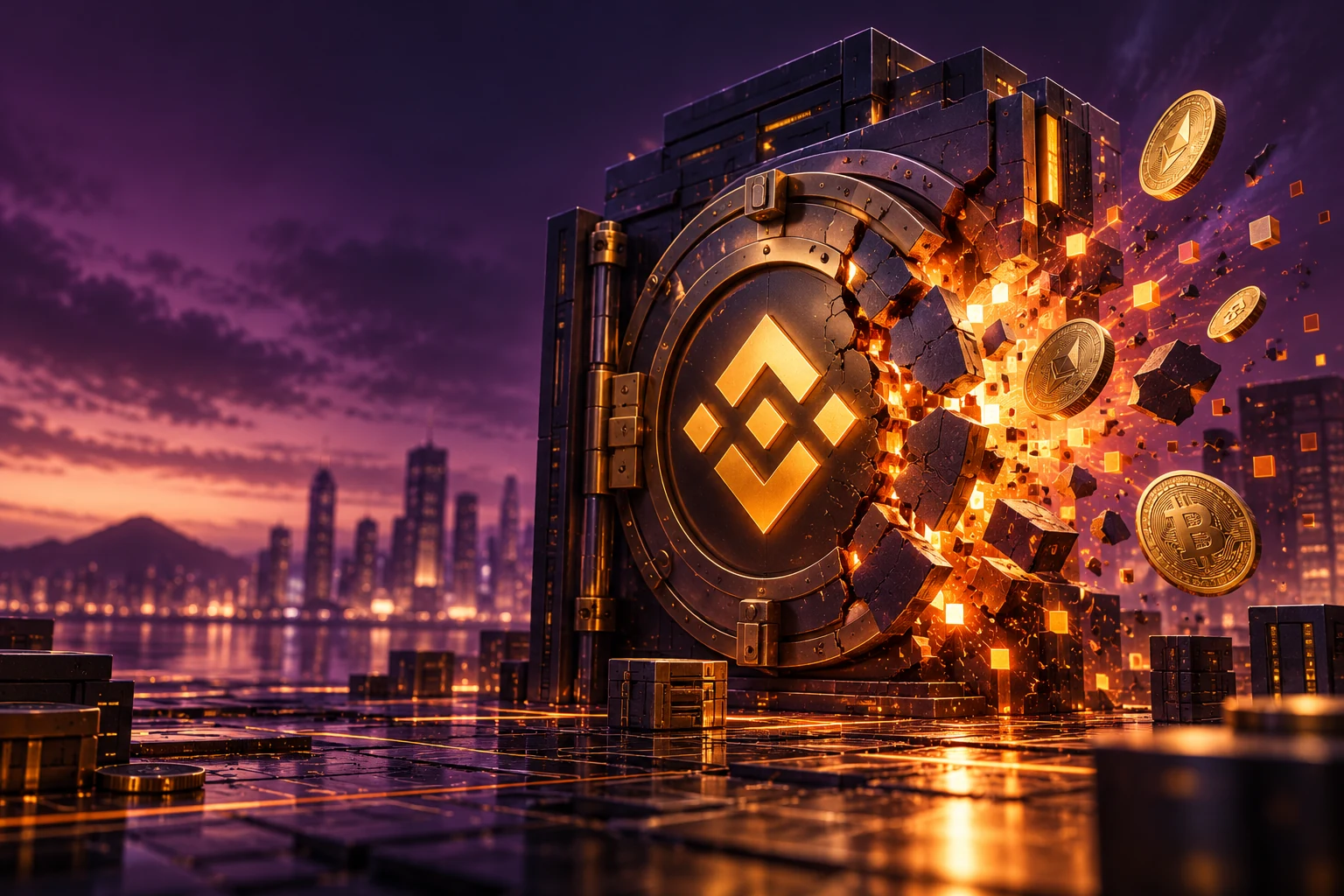 Illustration of a cracked crypto exchange vault with gold-lit Binance-style geometric emblem and digital coins escaping into a purple cityscape