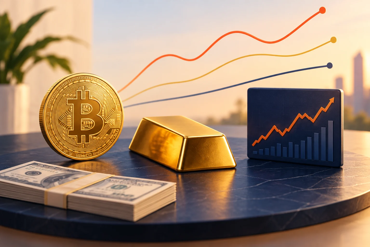 Gold Bitcoin coin, a gold bullion bar and a navy stock-chart panel on a warm tabletop with coloured market lines behind them