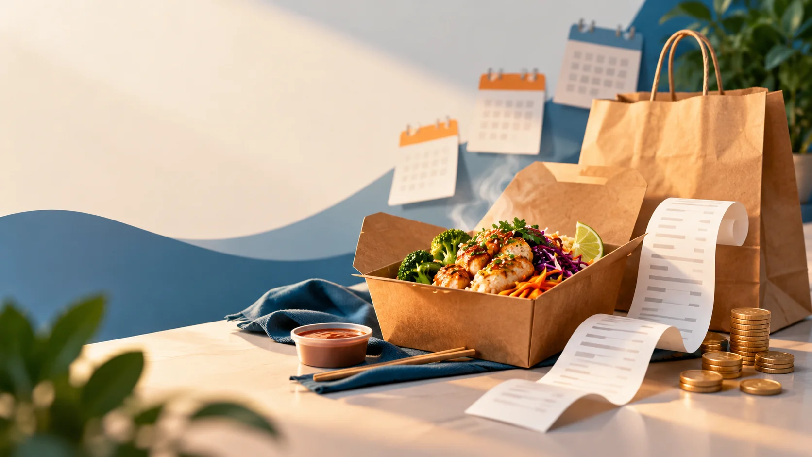 Takeaway bowl and paper delivery bag with receipts and stacked coins against a warm blue background