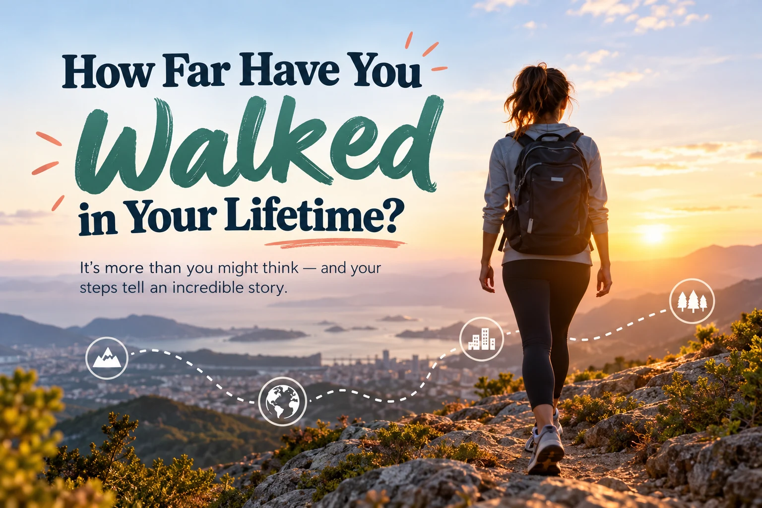 Illustrated walking journey at sunset, with a trail of footprints and the words 'How Far Have You Walked in Your Lifetime?'